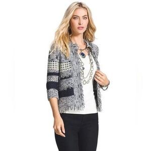 Chico’s Size Small (Chico's 0) Textured Knit Open Cardigan Fringe White and Blue